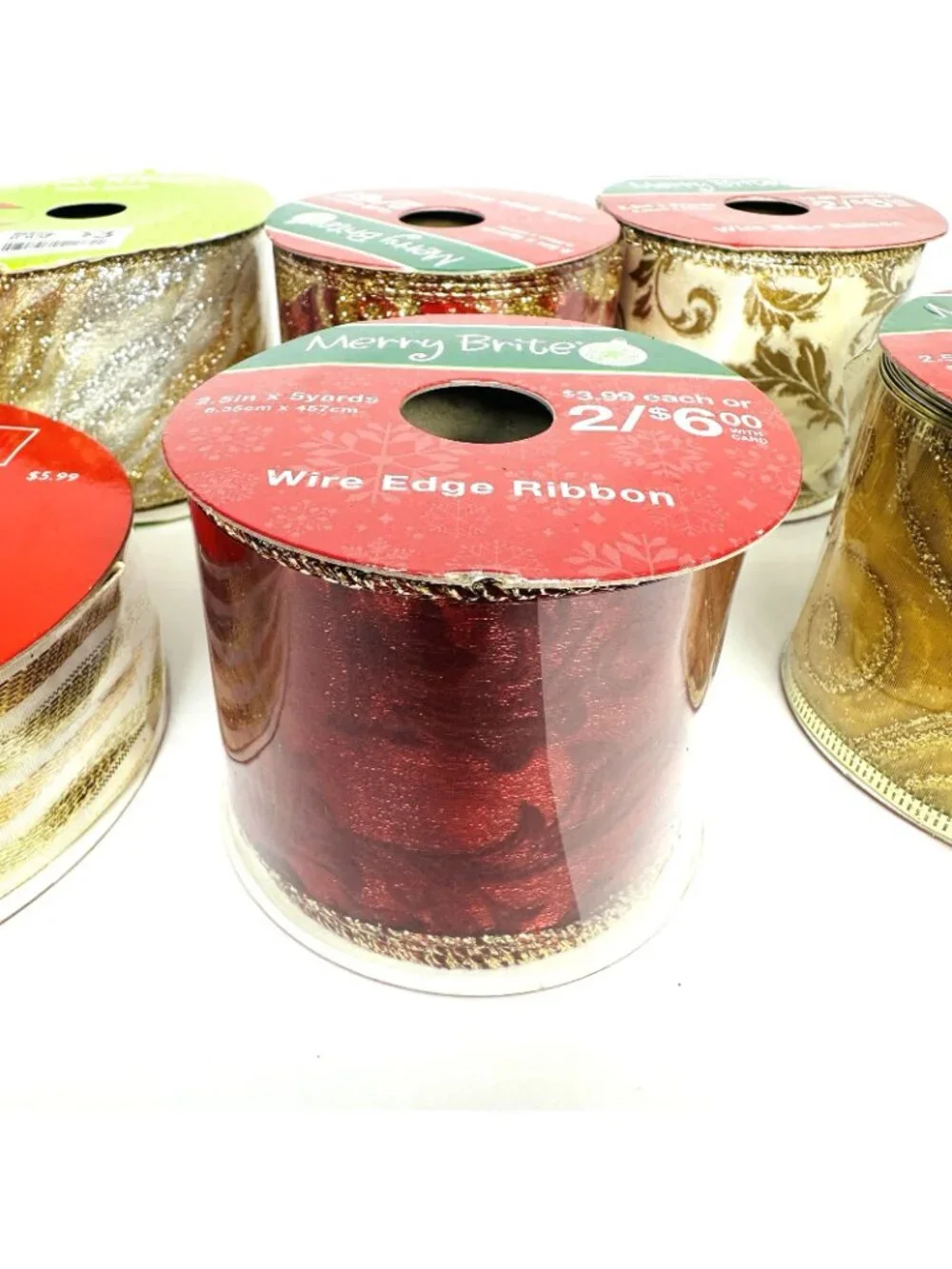 Holiday Christmas Ribbon Lot of 6 Red Gold Silver Sparkling Crafts Decor NEW!